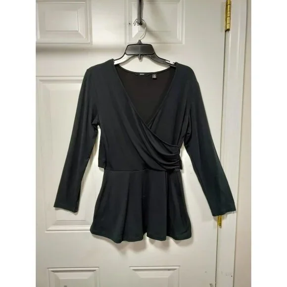 Betabrand Womens Stretch Surplice Neck Long Sleeve Peplum Blouse Black Small - Picture 2 of 9
